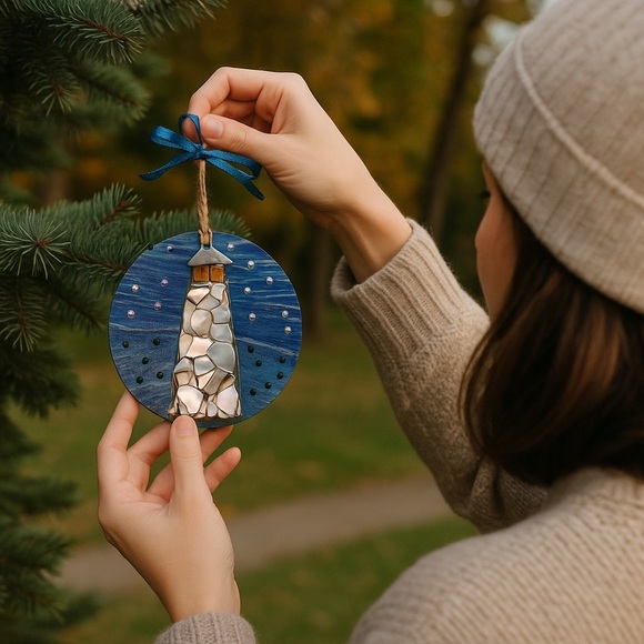 Blue and White Lighthouse Ornament - Picture 1 of 5